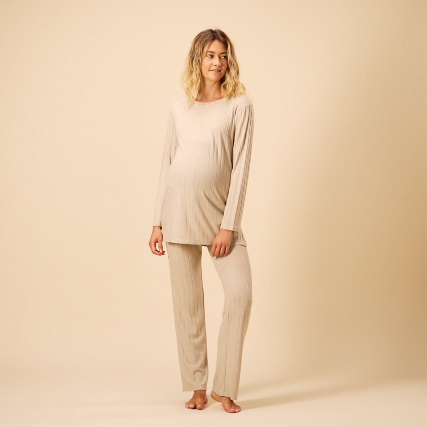 Set pyjama 2 pièces uni effet côtelé pour femme 