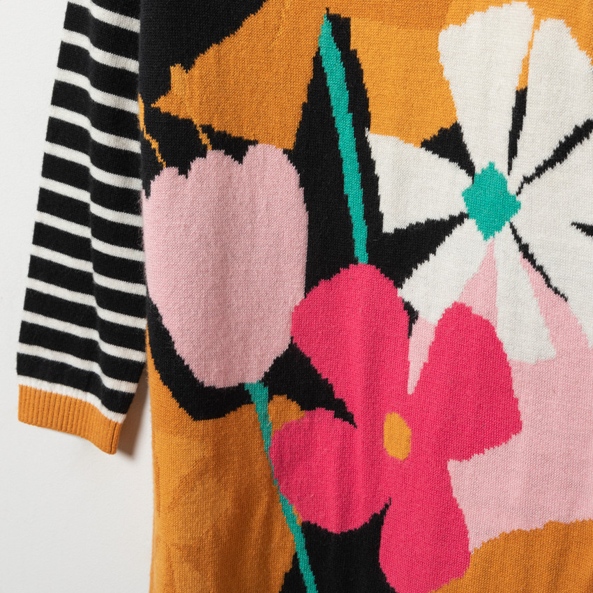 Robe manches longues en tricot à fleurs et rayures pour enfant fille 