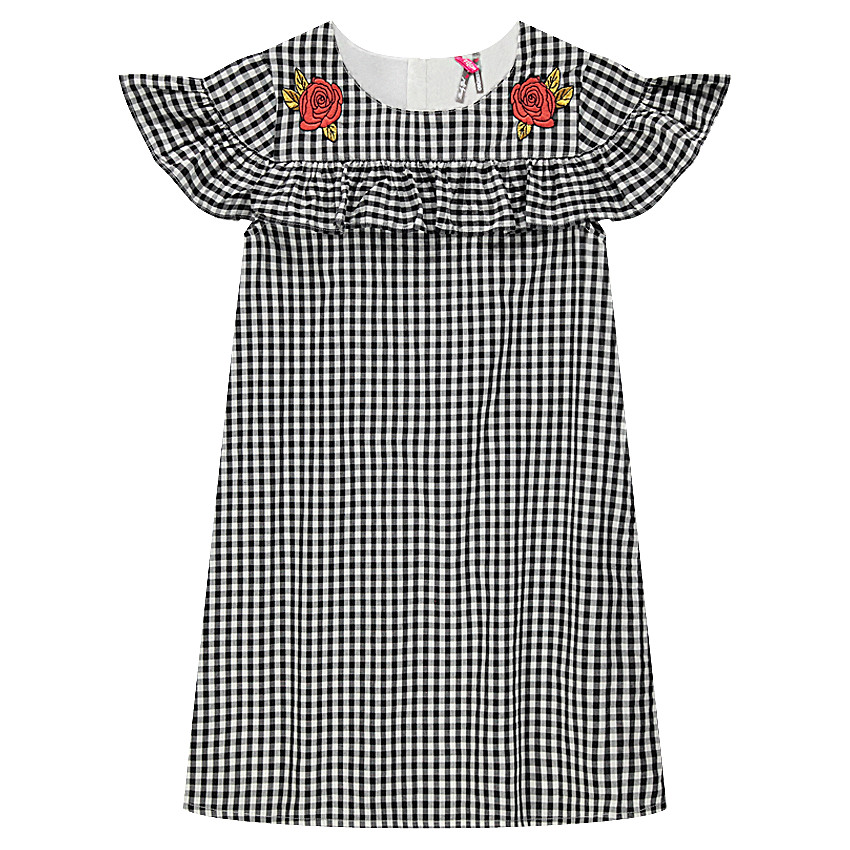 Junior - Robe à carreaux vichy avec roses brodées 