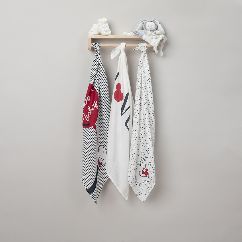 Lot de 3 langes en coton bio tétra motif Mickey Disney 