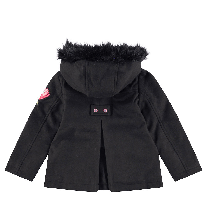 Manteau en drap de laine doublé sherpa avec fausse fourrure et fleurs patchées 