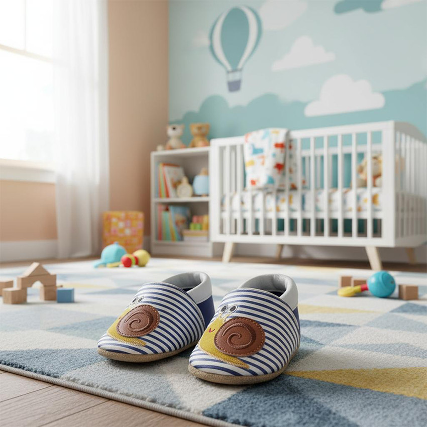 Chaussons bébé en cuir 12-18M Pedro l'escargot rayé/bleu 