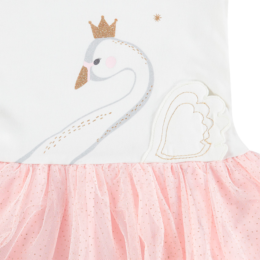 Robe de fête bi-matière avec cygne printé et tulle 