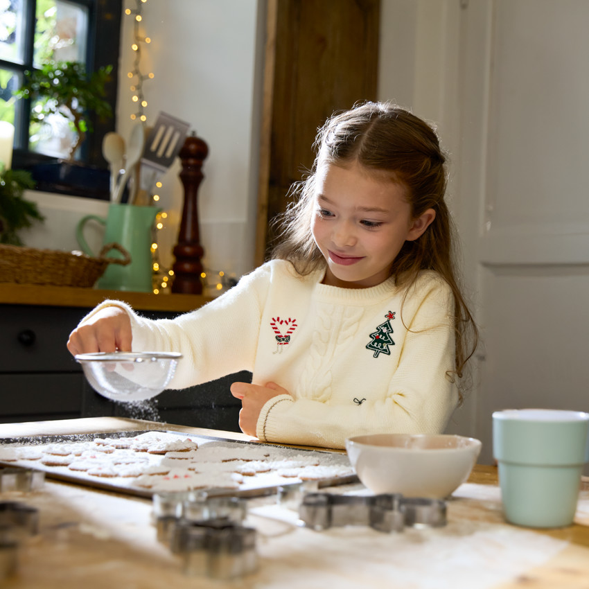 Pull manches longues en tricot fantaisie et broderie Noël pour fille