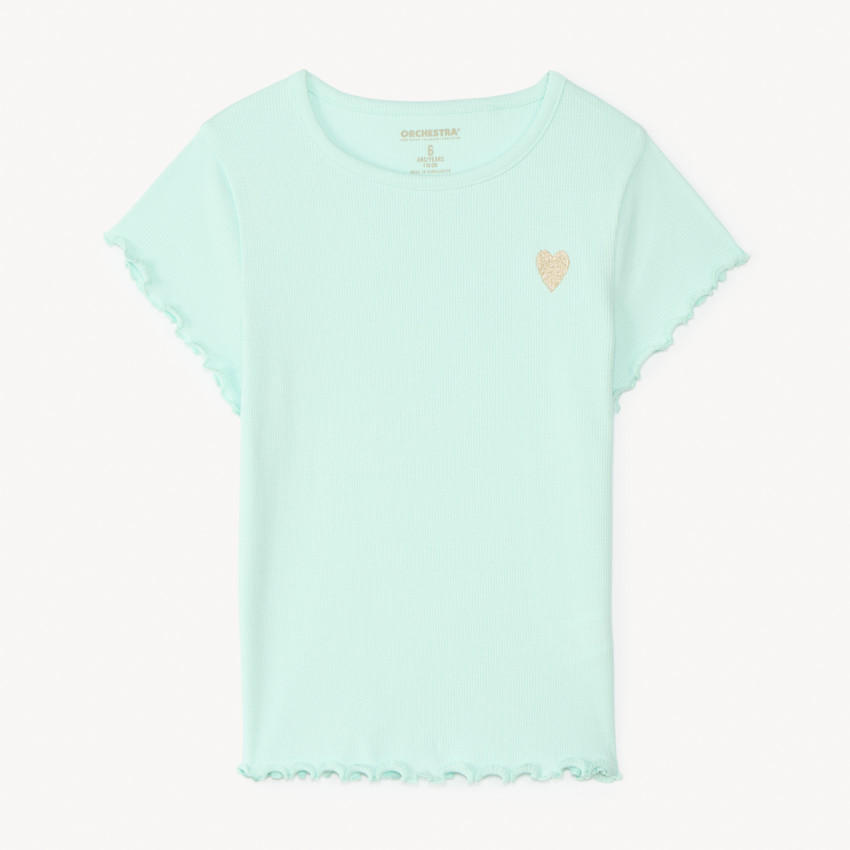 T-shirt manches courtes en maille côtelée uni broderie cœur pour fille