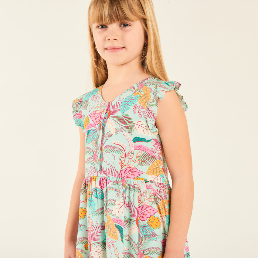 Robe manches volantées en voile imprimé tropical pour fille 