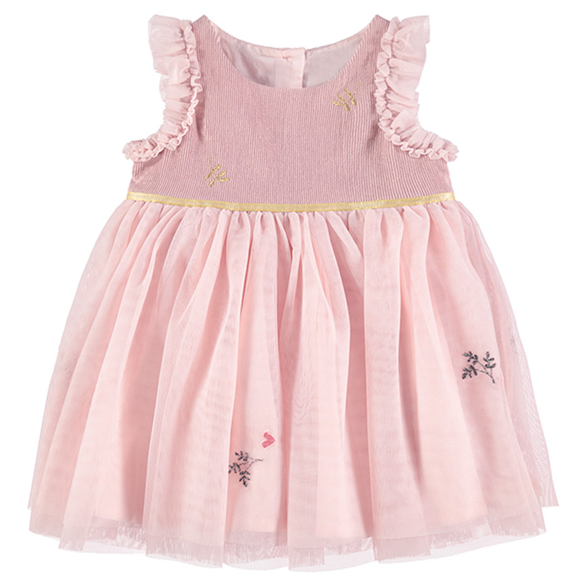 Robe de fête rose bi-matière avec tulle et volants 