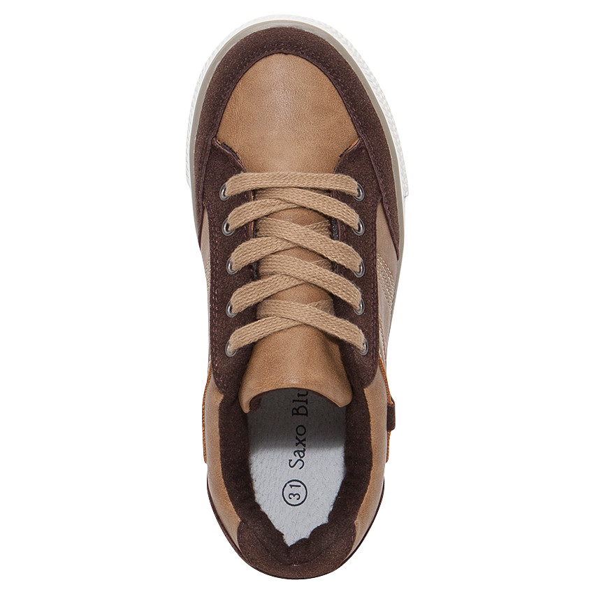 Baskets basses bi-matière à lacets choco camel 