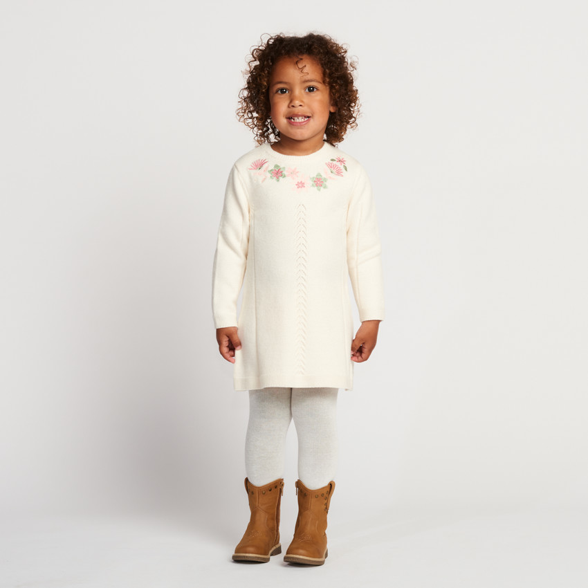 Robe manches longues en tricot et fleurs brodées pour bébé fille