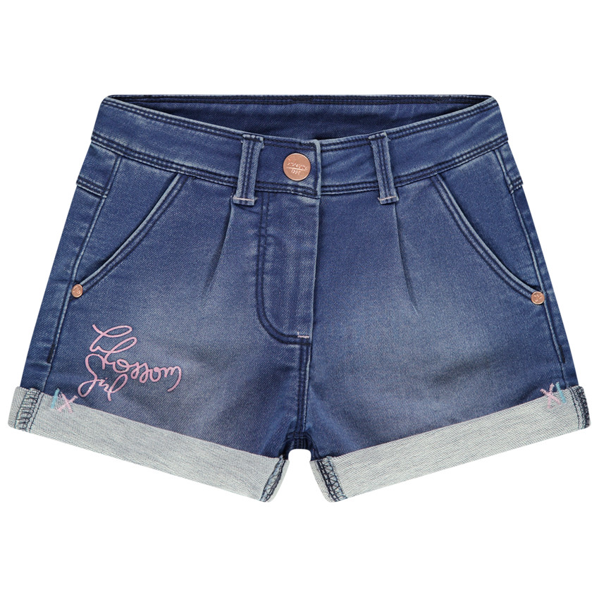 Short en jean effet used à inscription printée pailletée 