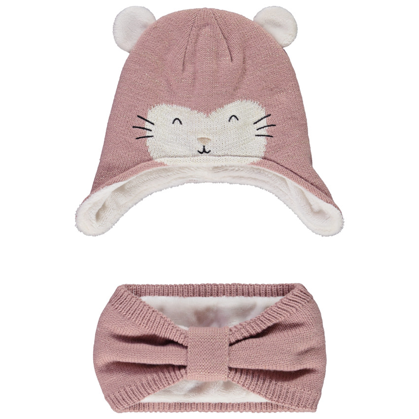 Ensemble en tricot bonnet chat + snood pour bébé fille 