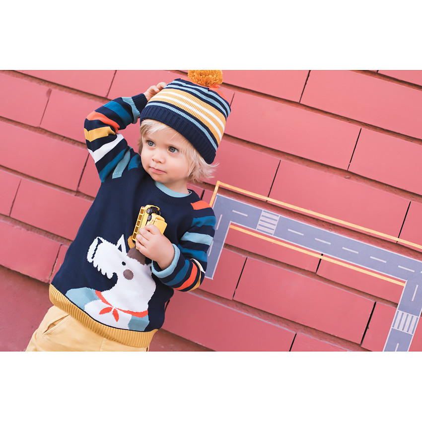 Pull en tricot avec viking en jacquard et manches rayées 