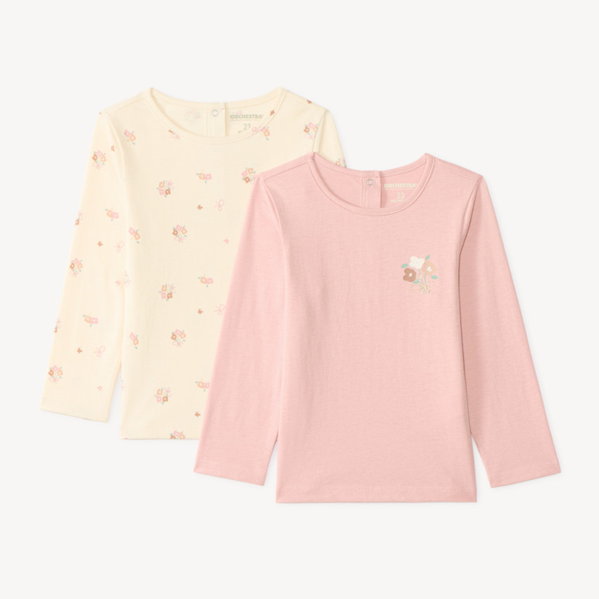 Lot de 2 t-shirts manches longues bébé fille uni et imprimé