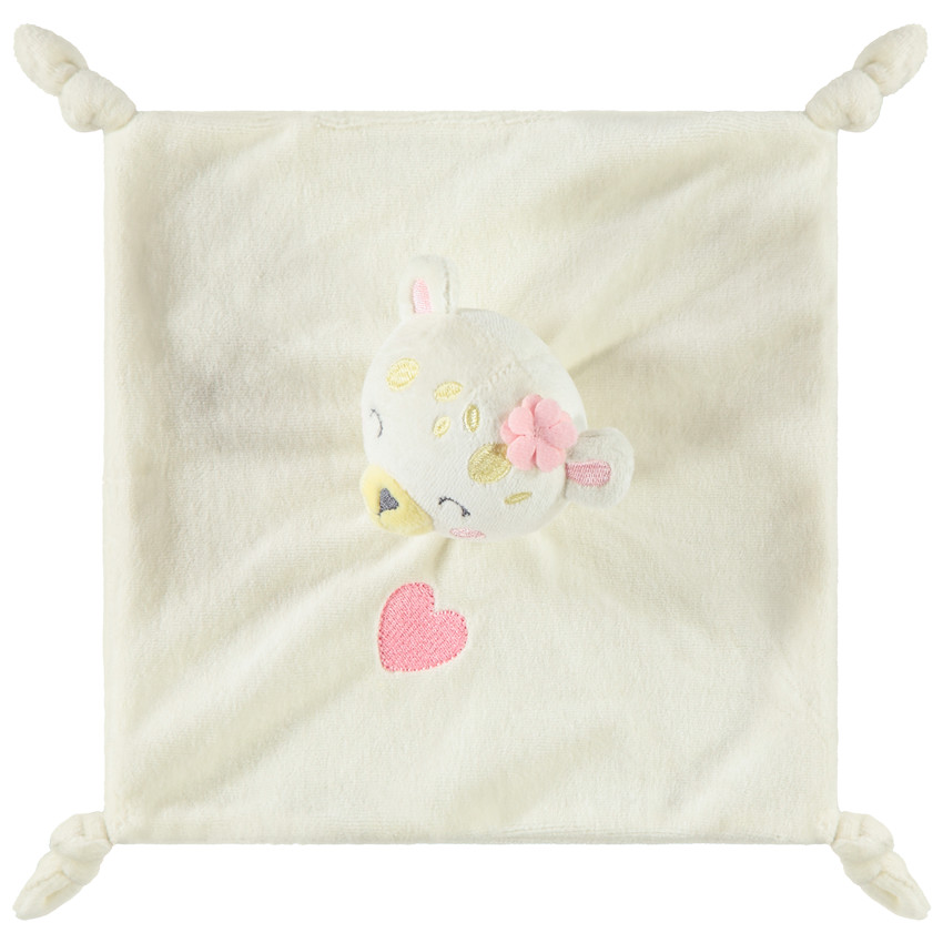 Doudou plat félin avec broderies et nouettes pour bébé fille 