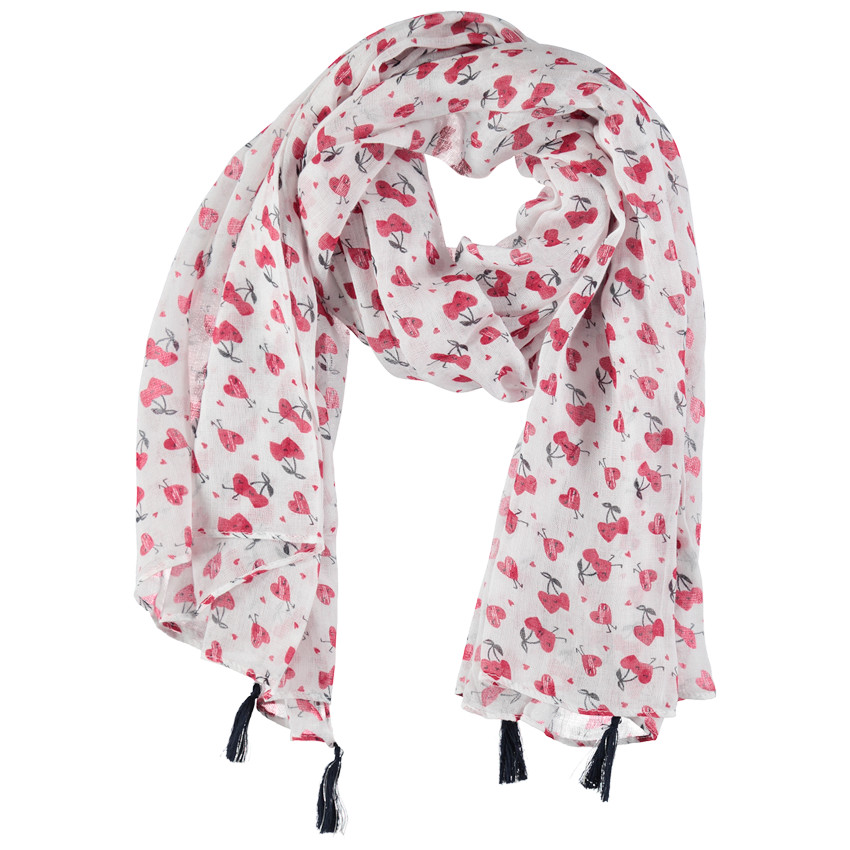 Chèche en voile imprimé coeurs all-over et pompons noirs 