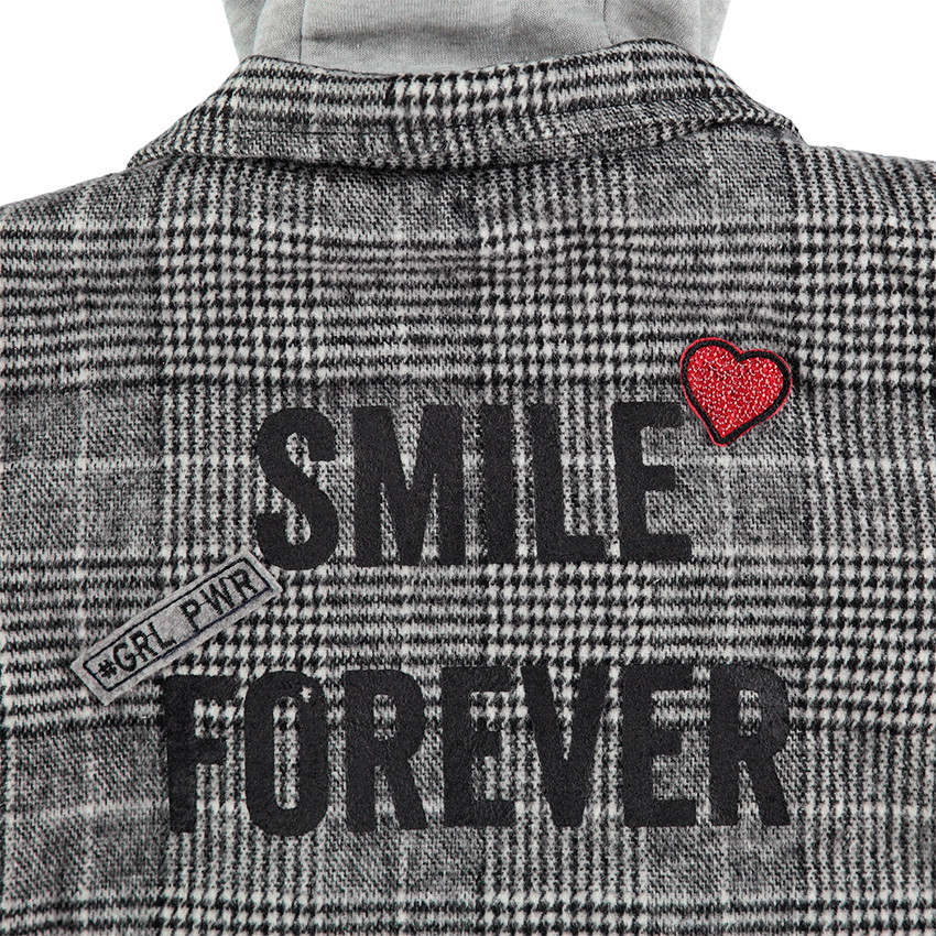Junior - Manteau en drap de laine Pince de Galles avec textes printés et badges Smiley 