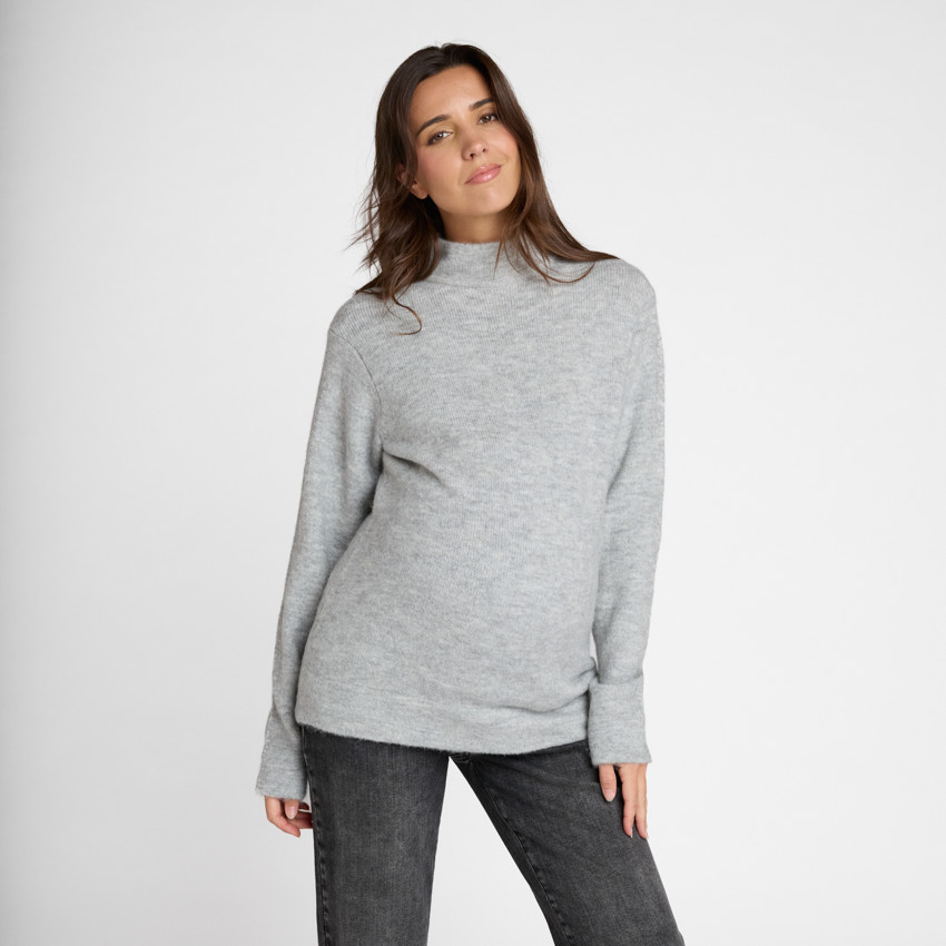 Pull manches longues uni à col montant pour femme - Gris