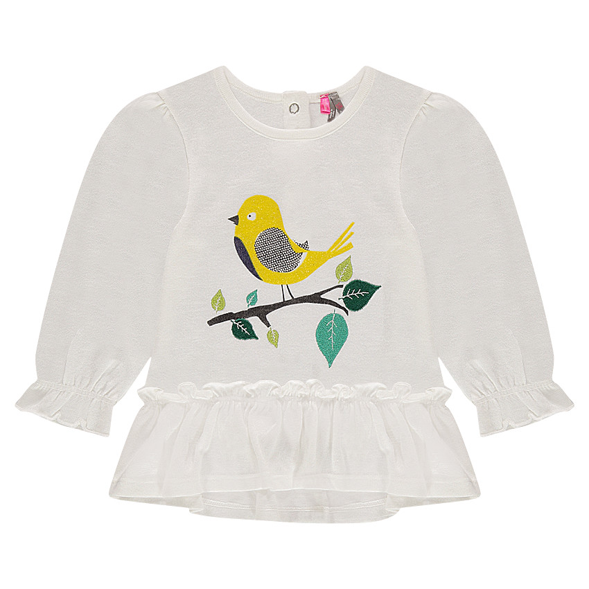 Tee-shirt manches longues volanté avec oiseau printé et feuilles brodées 