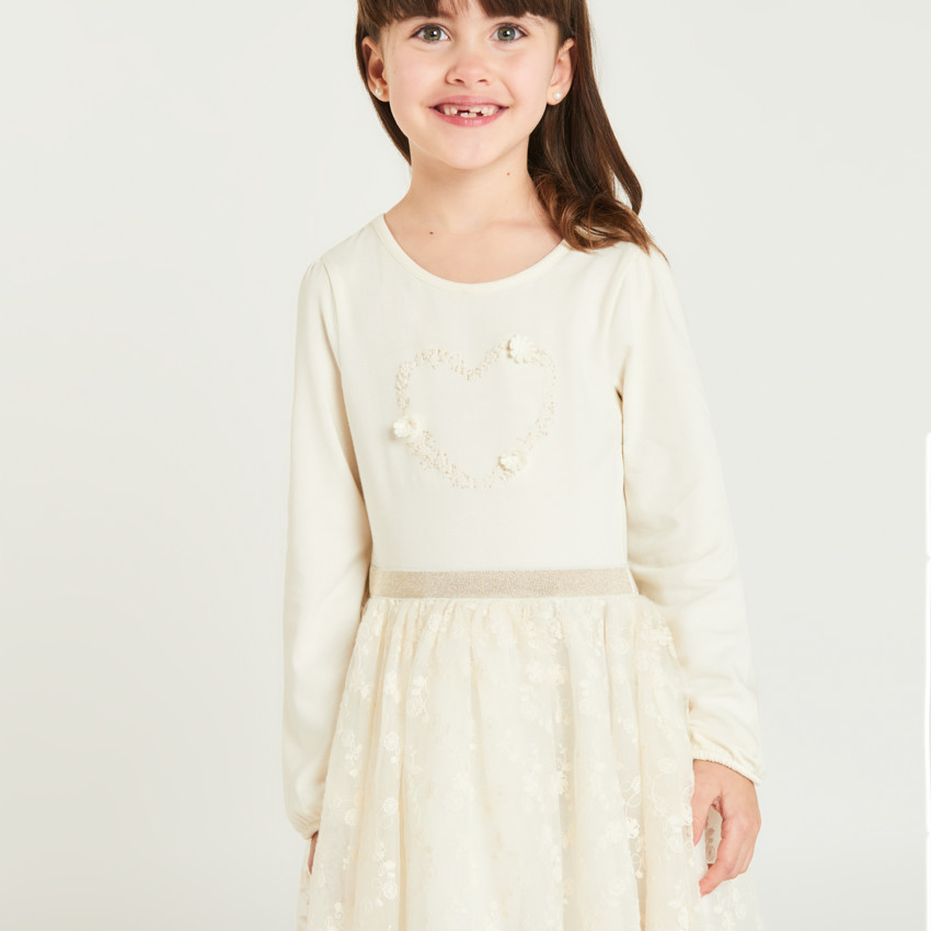 Robe manches longues effet 2 en 1 en tulle brodé pour fille 