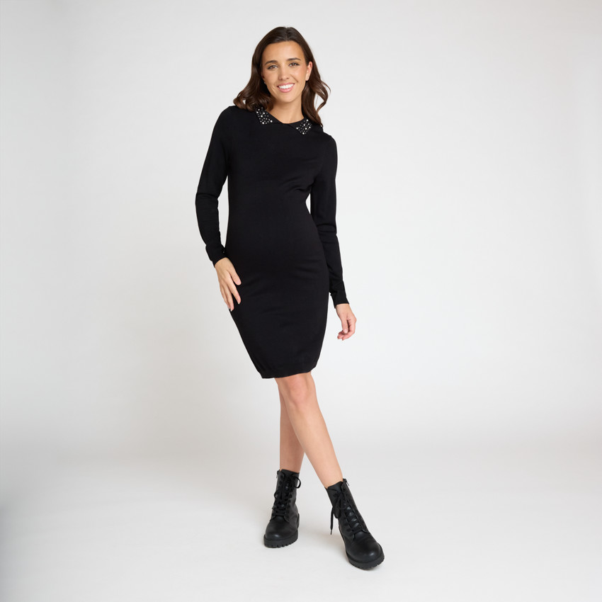 Robe manches longues en tricot à col fantaisie pour femme
