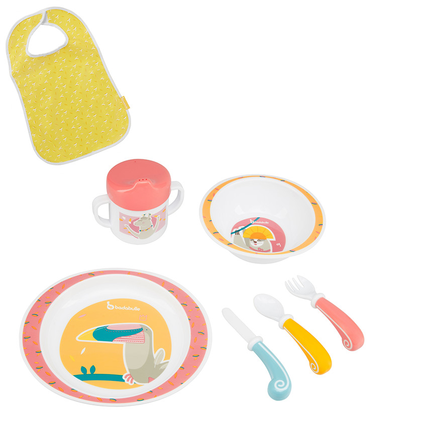 Set repas Yummy 7 pcs et bavoir - Corail 
