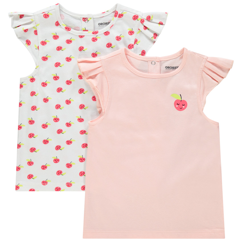 Lot de 2 t-shirts en coton bio uni/imprimé all-over à manches volantées