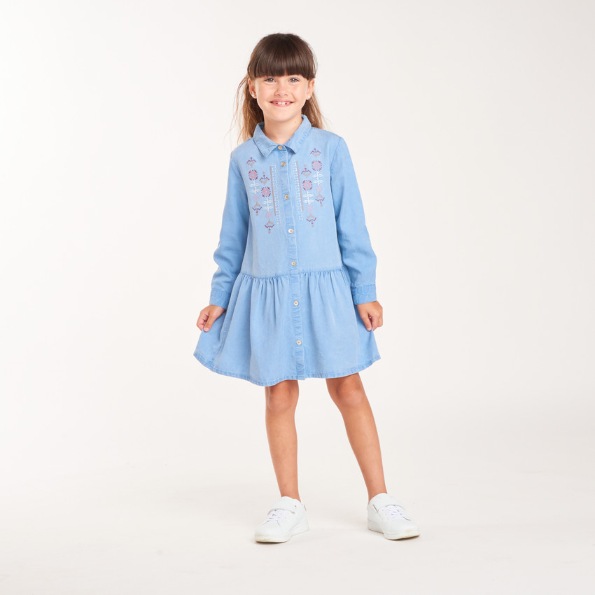 Robe-chemise fille manches longues broderies fantaisie