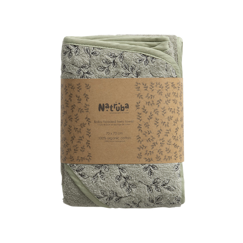 Natruba - Cape de bain en coton éponge Bio et capuche brodée green - Vert