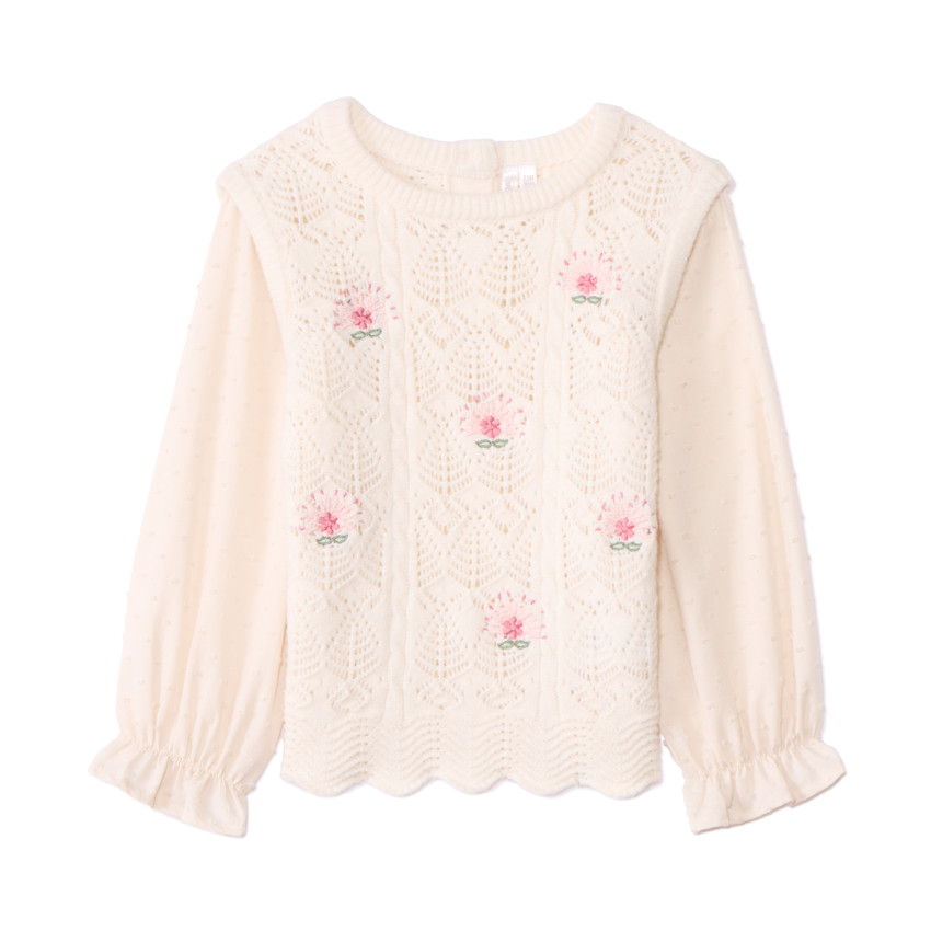 Pull effet 2 en 1 en tricot et plumetis pour bébé fille 