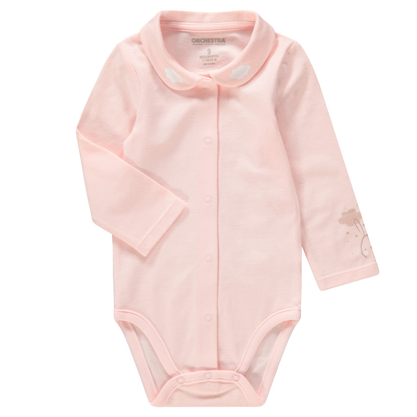 Body manches longues en jersey rose avec col Claudine et motif printé 
