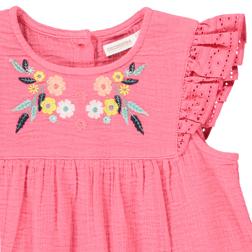 Top manches courtes en gaze de coton avec broderie pour fille 