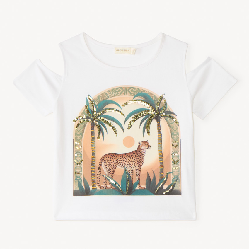 T-shirt épaules dénudées print léopard à sequins pour fille