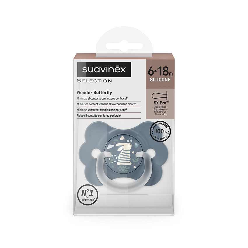 Sucette physiologique en silicone SX PRO Wonderland Butterfly 6-18 mois décorée en bleu 