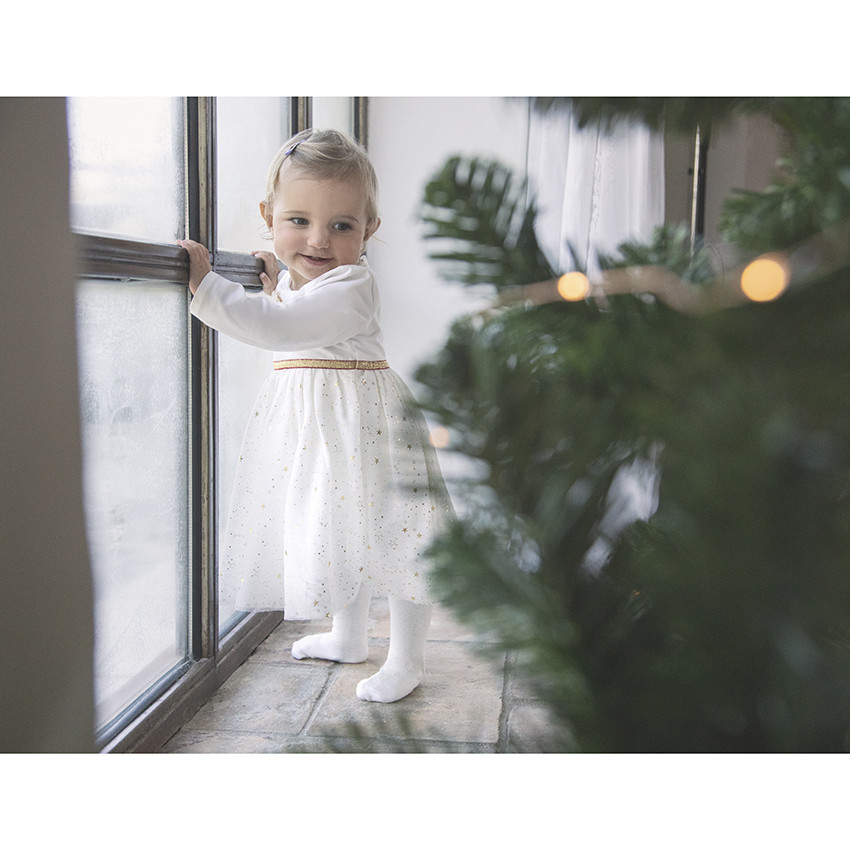 Robe de fêtes bi-matière à motifs dorés pour bébé fille 