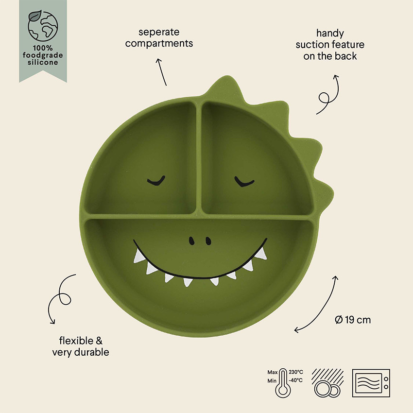 Assiette silicone avec ventouse et compartiments Mr Dino 