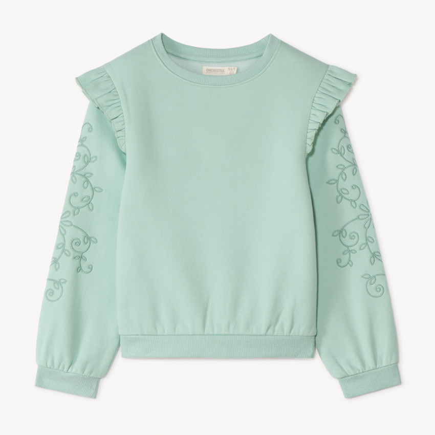 Sweat molleton brodé et volanté pour fille