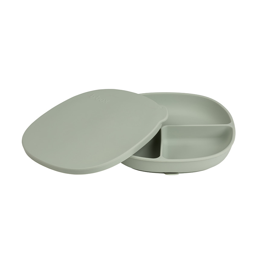 Assiette silicone compartimentée avec ventouse et couvercle sage 