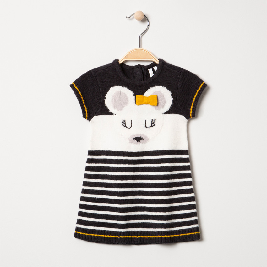 Robe manches courte en tricot avec souris en jacquard et noeud 
