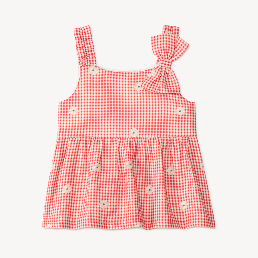 Top fille vichy nœud épaule et broderie fleurie