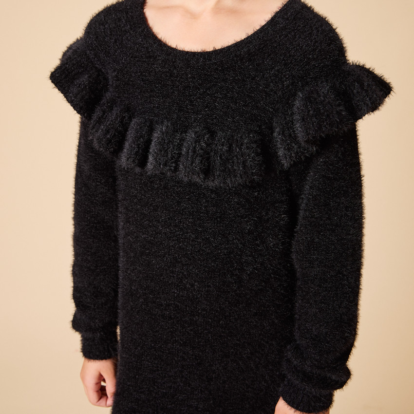 Robe manches longues en tricot pelucheux volanté pour fille 