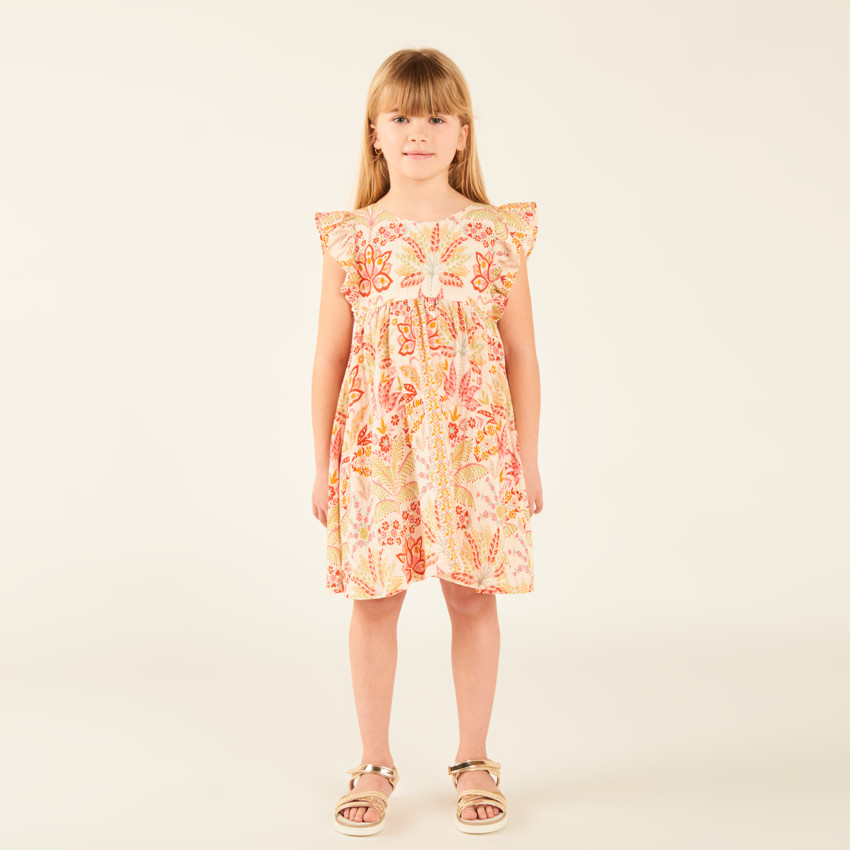 Robe à manches courtes volantées imprimée fantaisie pour fille