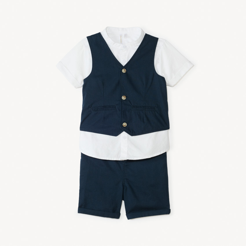 Ensemble court 3 pièces chemise manches courtes + gilet + bermuda pour bébé garçon 