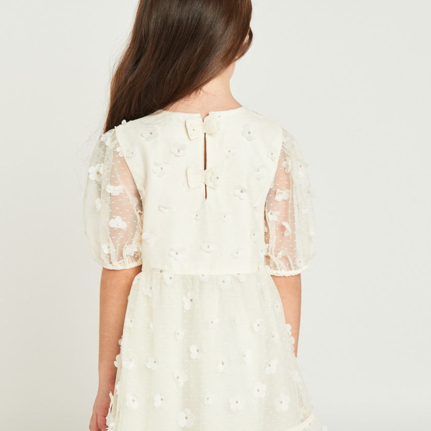 Robe à manches courtes en toile avec fleurs 3D pour fille 