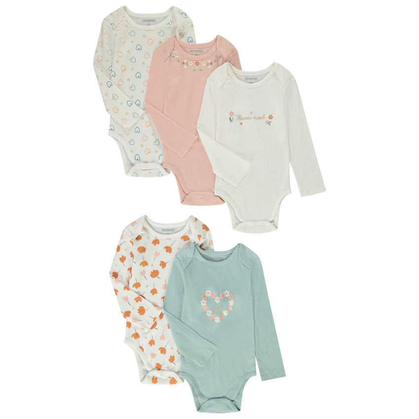 Lot de 5 bodies en rib fantaisie pour bébé fille