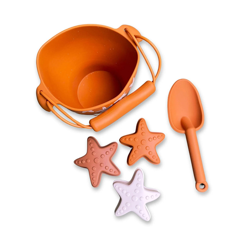 Seau de plage avec pelle et 3 moules en silicone Étoiles de mer 