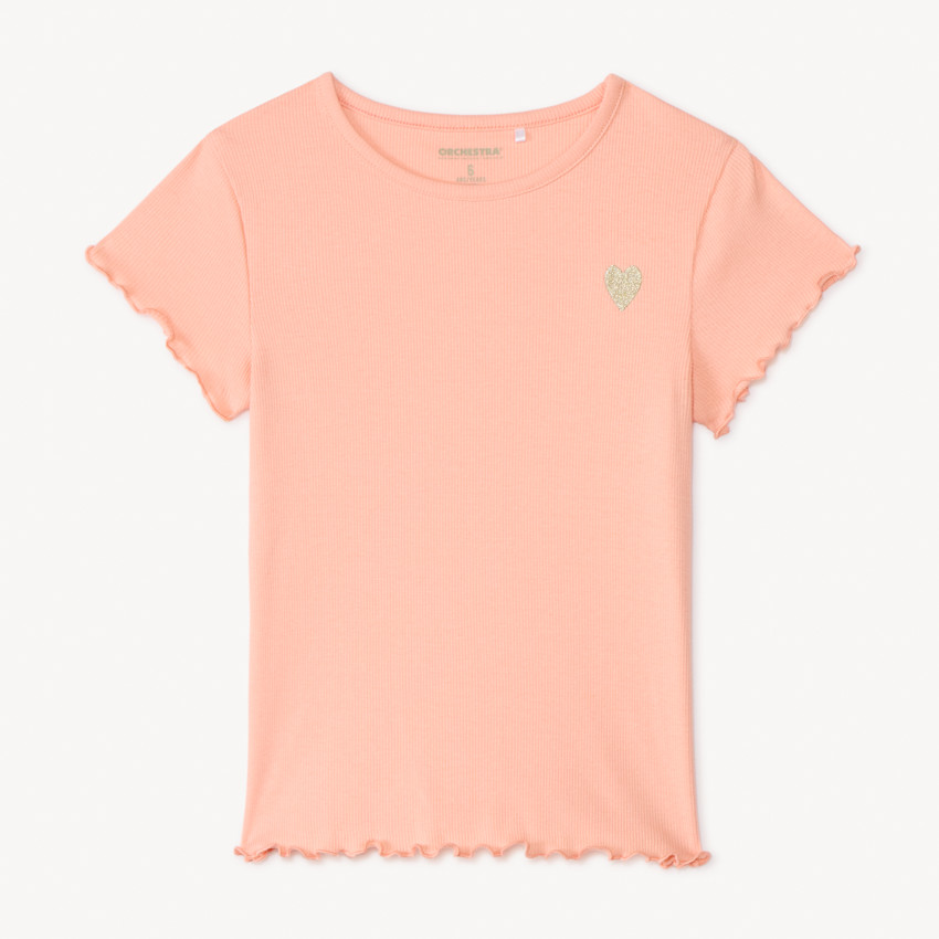 T-shirt manches courtes en maille côtelée uni broderie cœur pour fille 
