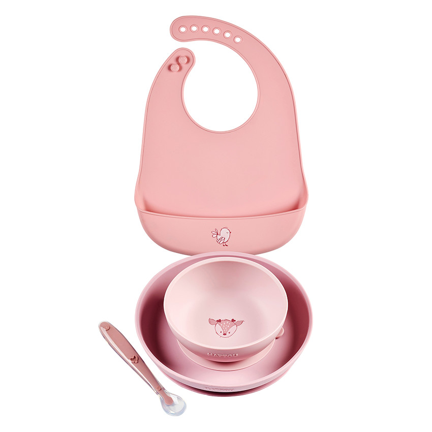 Coffret repas 4 pièces avec bavoir silicone – Biche Rose