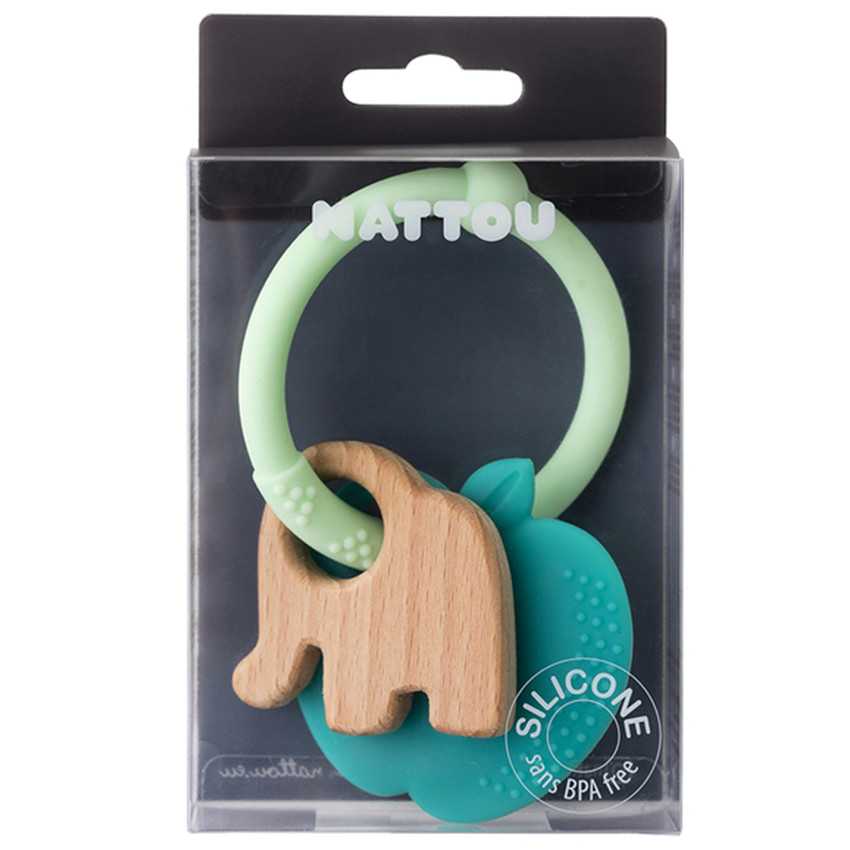 Anneau de dentition en silicone/bois - Eléphant/Pomme 