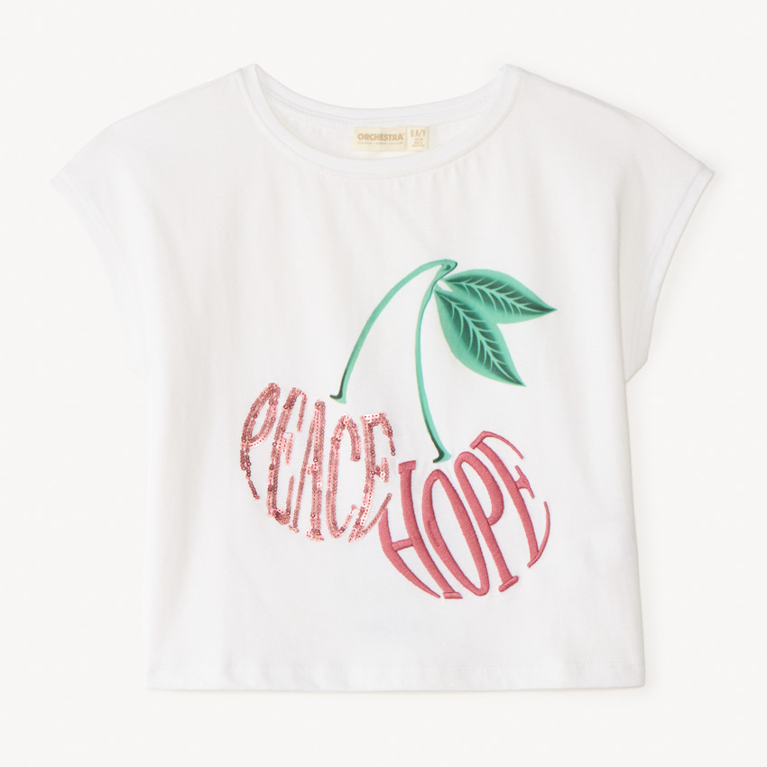 T-shirt manches courtes motif cerise brodé et à sequins pour fille