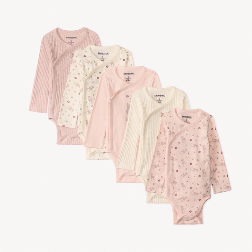 Lot de 5 bodies manches longues motifs Faon pour bébé fille avec ouvertures différentes selon l&#39;âge